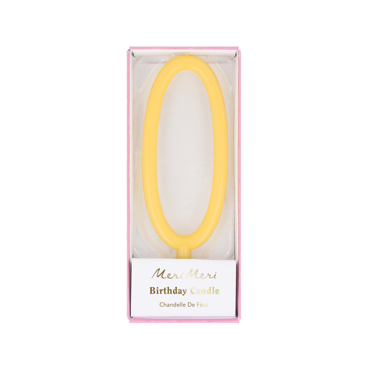 Yellow slim number 0 birthday candle packaged in a clear box by Meri Meri.