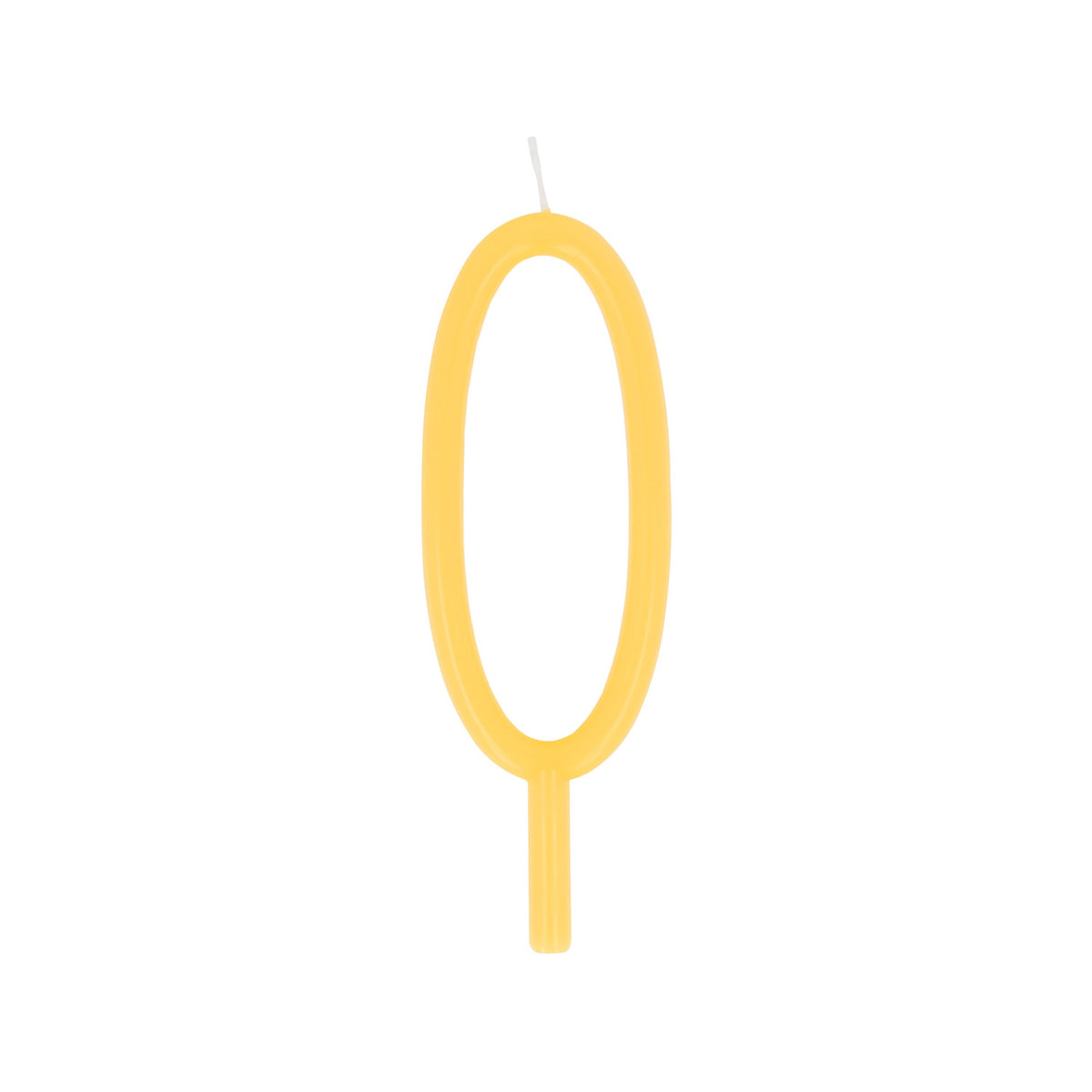 Slim yellow birthday candle shaped like the number 0 with a bottom stake.
