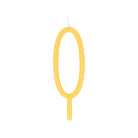 Slim yellow birthday candle shaped like the number 0 with a bottom stake.