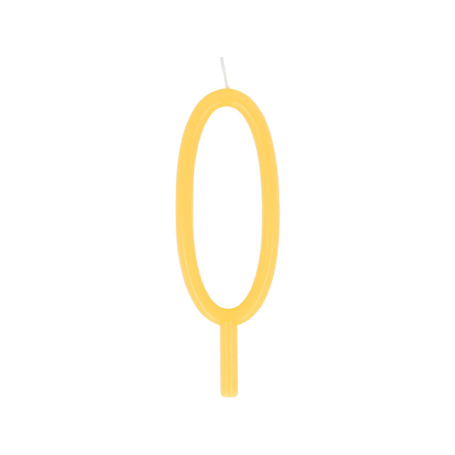 Slim yellow birthday candle shaped like the number 0 with a bottom stake.