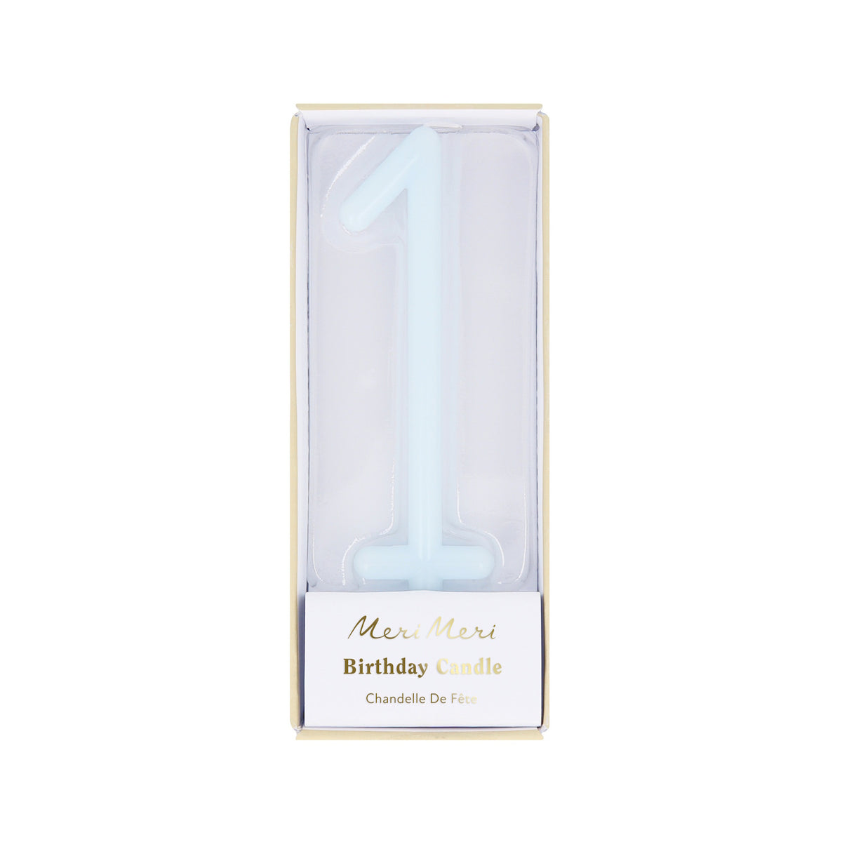 Light blue slim number 1 birthday candle packaged in a clear box by Meri Meri.