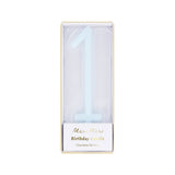 Light blue slim number 1 birthday candle packaged in a clear box by Meri Meri.