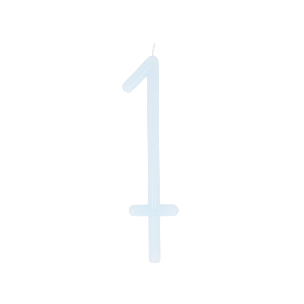 Slim light blue birthday candle shaped like the number 1 with a bottom stake.