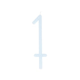 Slim light blue birthday candle shaped like the number 1 with a bottom stake.