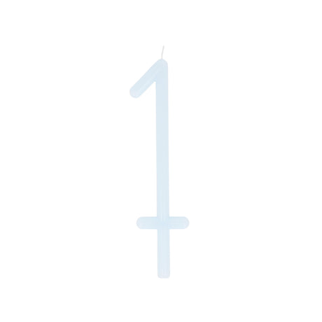 Slim light blue birthday candle shaped like the number 1 with a bottom stake.