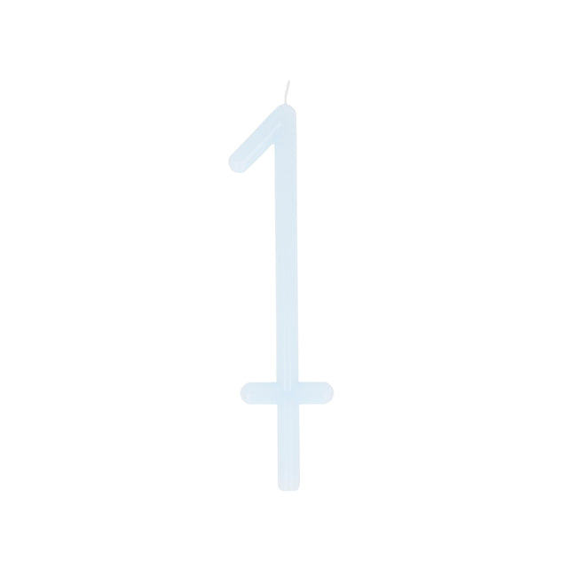 Slim light blue birthday candle shaped like the number 1 with a bottom stake.