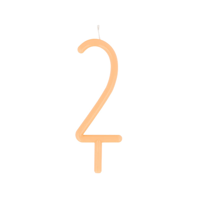 Slim peach-orange birthday candle shaped like the number 2 with a bottom stake.