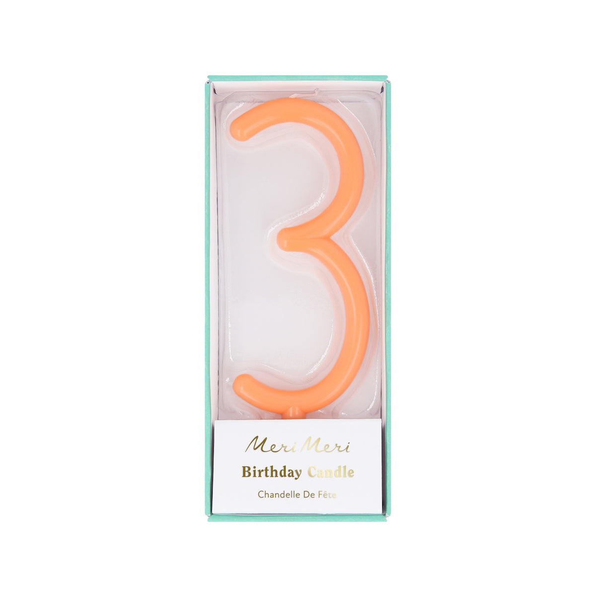 Peach-orange slim number 3 birthday candle packaged in a clear box by Meri Meri.