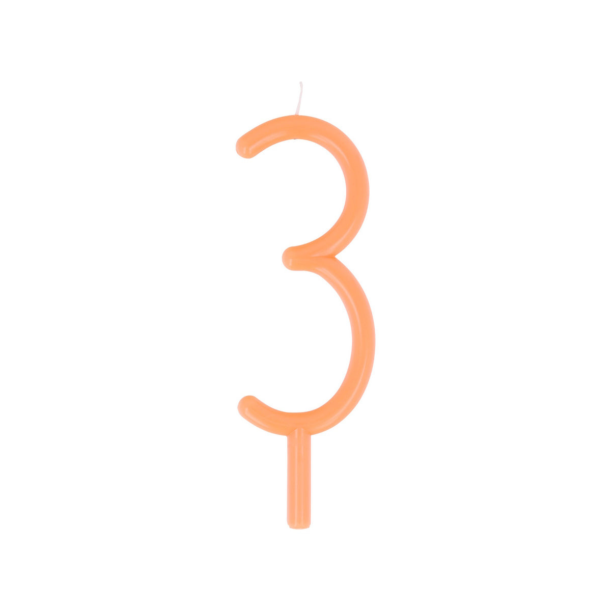 Slim peach-orange birthday candle shaped like the number 3 with a bottom stake.