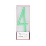 Mint green slim number 4 birthday candle packaged in a clear box by Meri Meri.