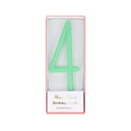 Mint green slim number 4 birthday candle packaged in a clear box by Meri Meri.