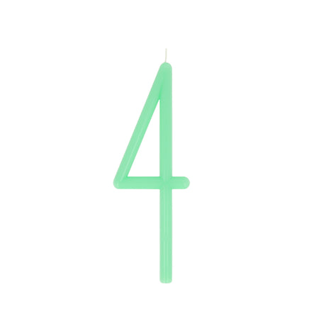 Slim mint green birthday candle shaped like the number 4 with a bottom stake.