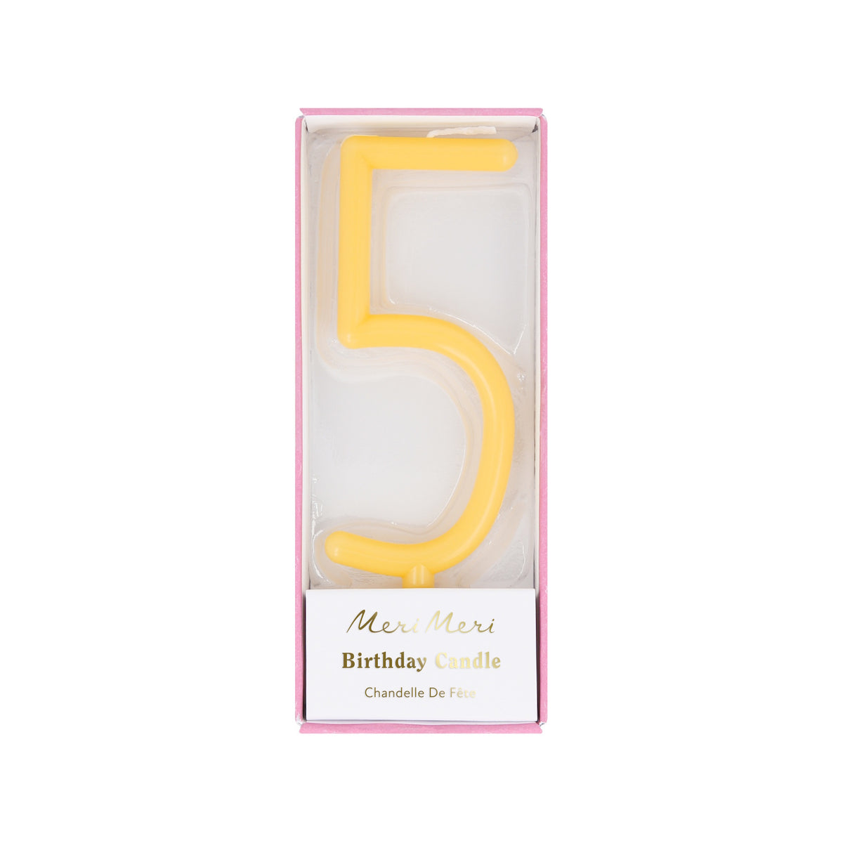 Yellow slim number 5 birthday candle packaged in a clear box by Meri Meri.