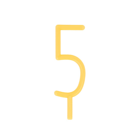 Slim yellow birthday candle shaped like the number 5 with a bottom stake.