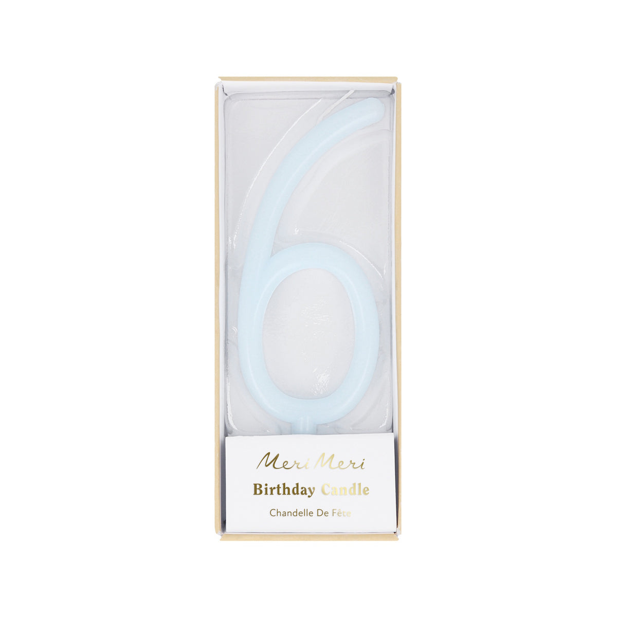 Light blue slim number 6 birthday candle packaged in a clear box by Meri Meri.