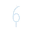 Slim light blue birthday candle shaped like the number 6 with a bottom stake.