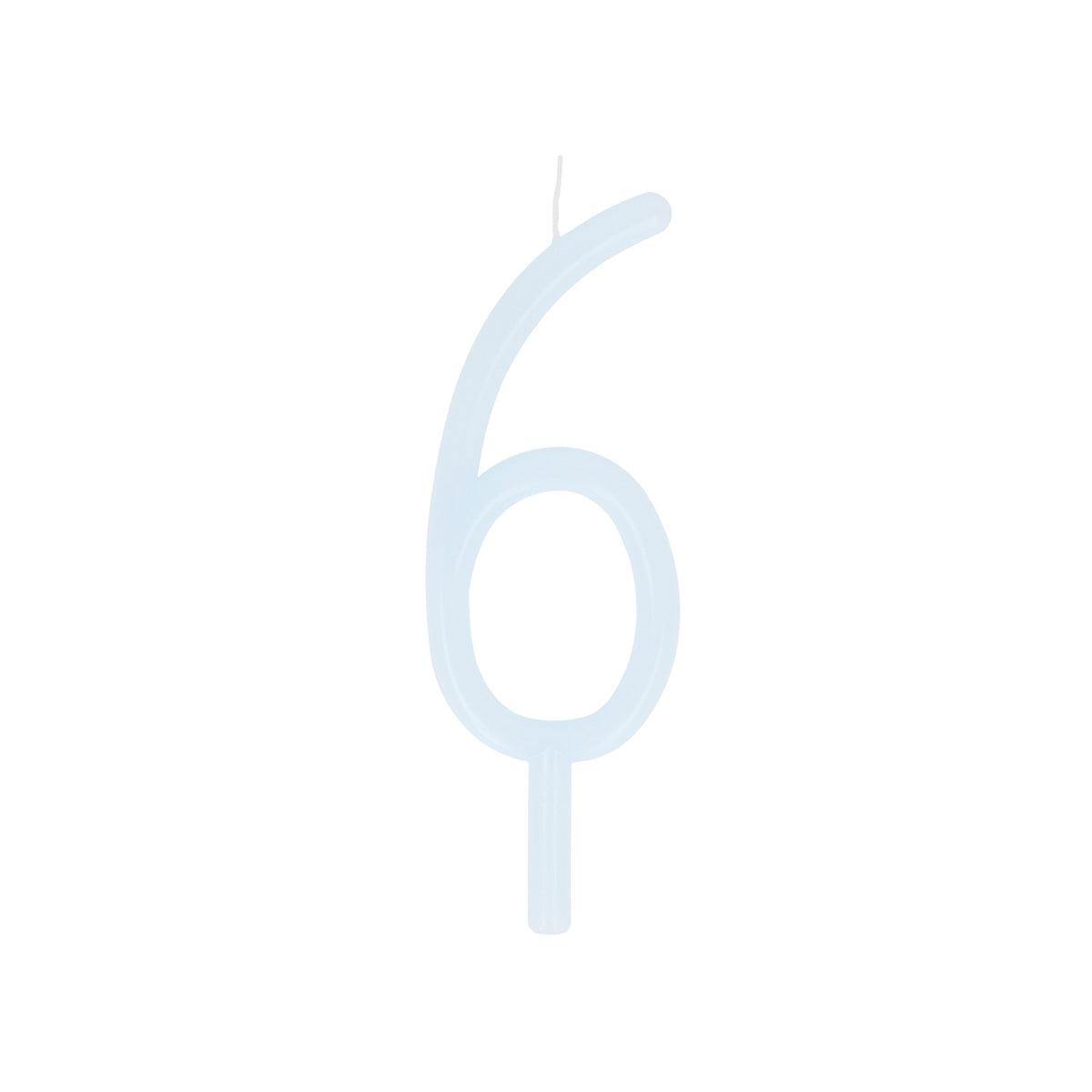 Slim light blue birthday candle shaped like the number 6 with a bottom stake.