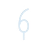 Slim light blue birthday candle shaped like the number 6 with a bottom stake.