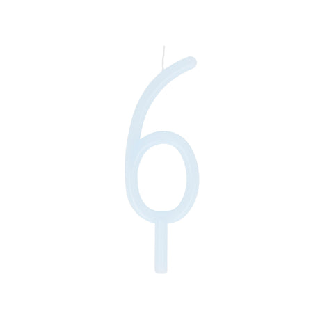 Slim light blue birthday candle shaped like the number 6 with a bottom stake.