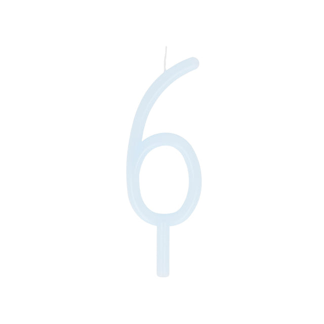 Slim light blue birthday candle shaped like the number 6 with a bottom stake.