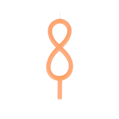 Slim peach-orange birthday candle shaped like the number 8 with a bottom stake.