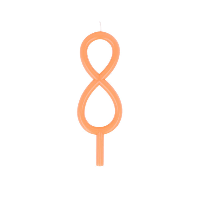 Slim peach-orange birthday candle shaped like the number 8 with a bottom stake.