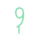 Slim mint green birthday candle in the shape of the number 9, set against a plain white background.
