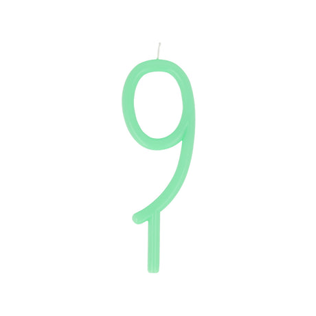 Slim mint green birthday candle in the shape of the number 9, set against a plain white background.