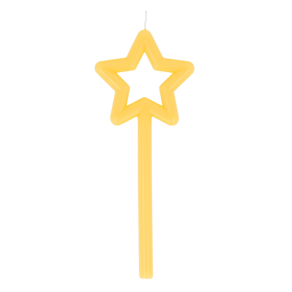 Featuring a tall, elegant candle with a shimmering star detail, perfect for adding sparkle to birthday cakes or celebrations.