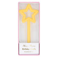 Featuring a tall, elegant candle with a shimmering star detail, perfect for adding sparkle to birthday cakes or celebrations.