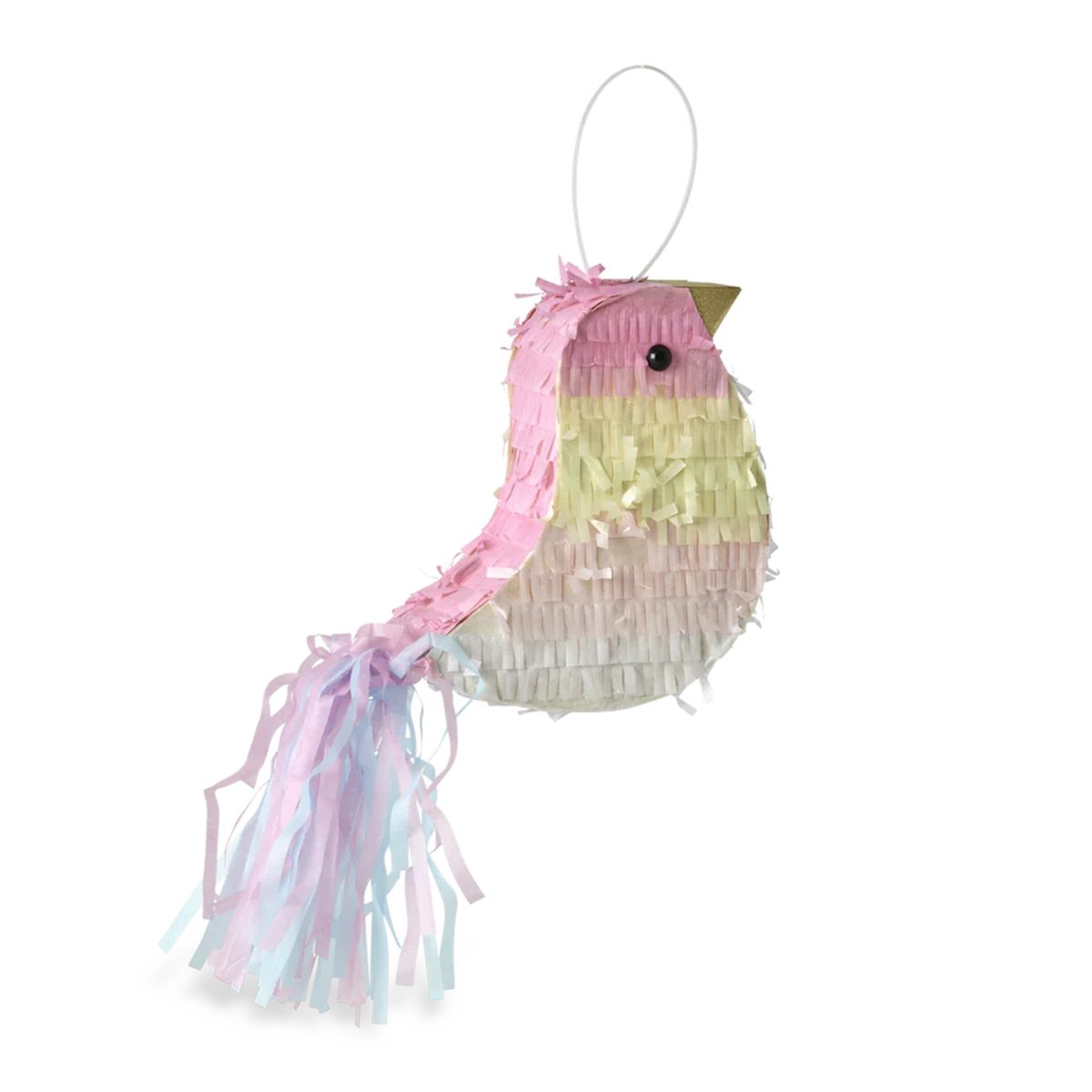 A colorful bird-shaped piñata with pastel pink, yellow, and white fringes and a long tail. The background is solid white, highlighting the piñata.