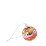 Small disco ball ornament with striped gold, pink, and orange mirrored tiles on a white background.
