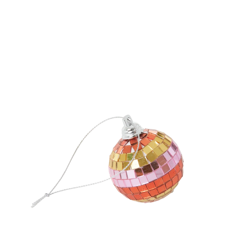 Small disco ball ornament with striped gold, pink, and orange mirrored tiles on a white background.