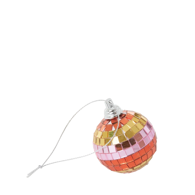 Small disco ball ornament with striped gold, pink, and orange mirrored tiles on a white background.