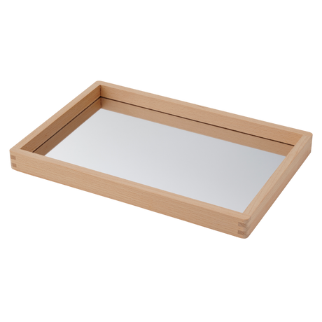 A compact wooden tray with a mirrored base, perfect for sensory play, loose parts exploration, and visual perception activities.
