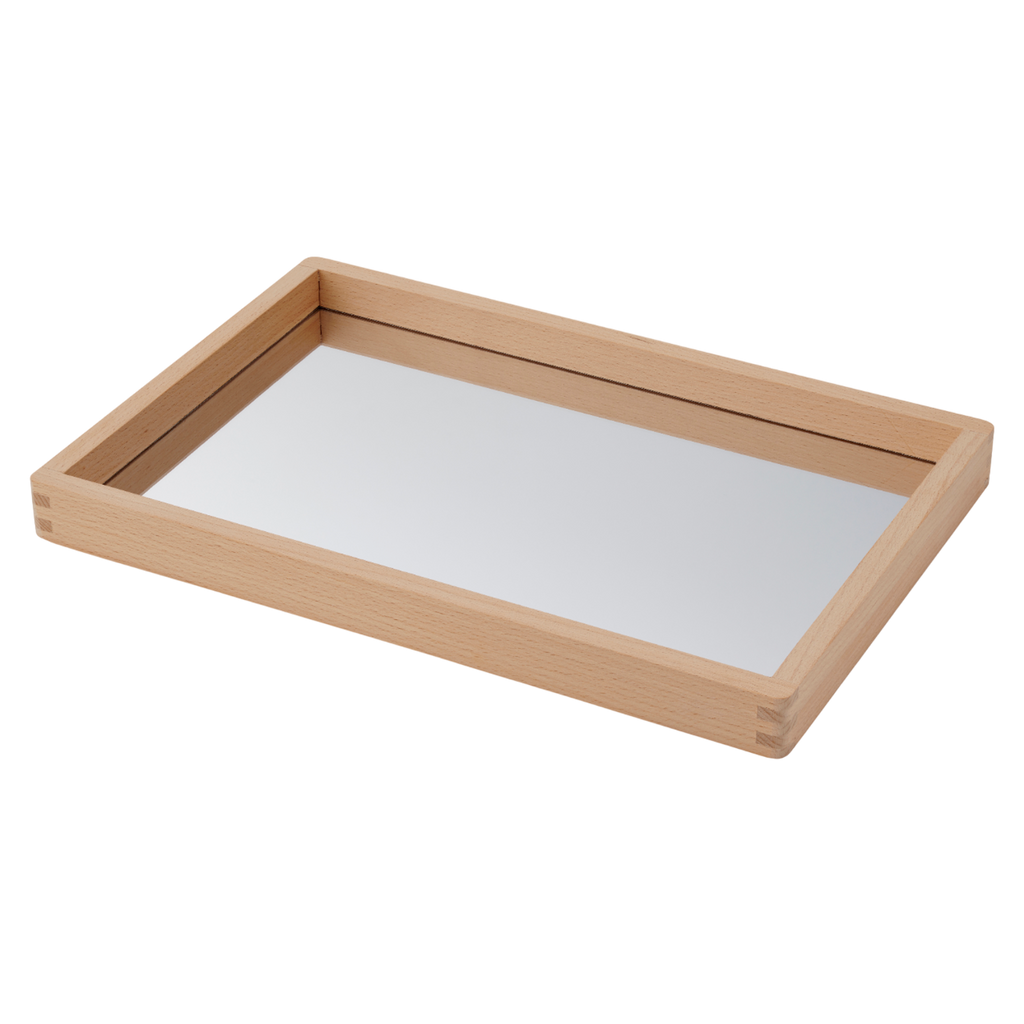 A compact wooden tray with a mirrored base, perfect for sensory play, loose parts exploration, and visual perception activities.