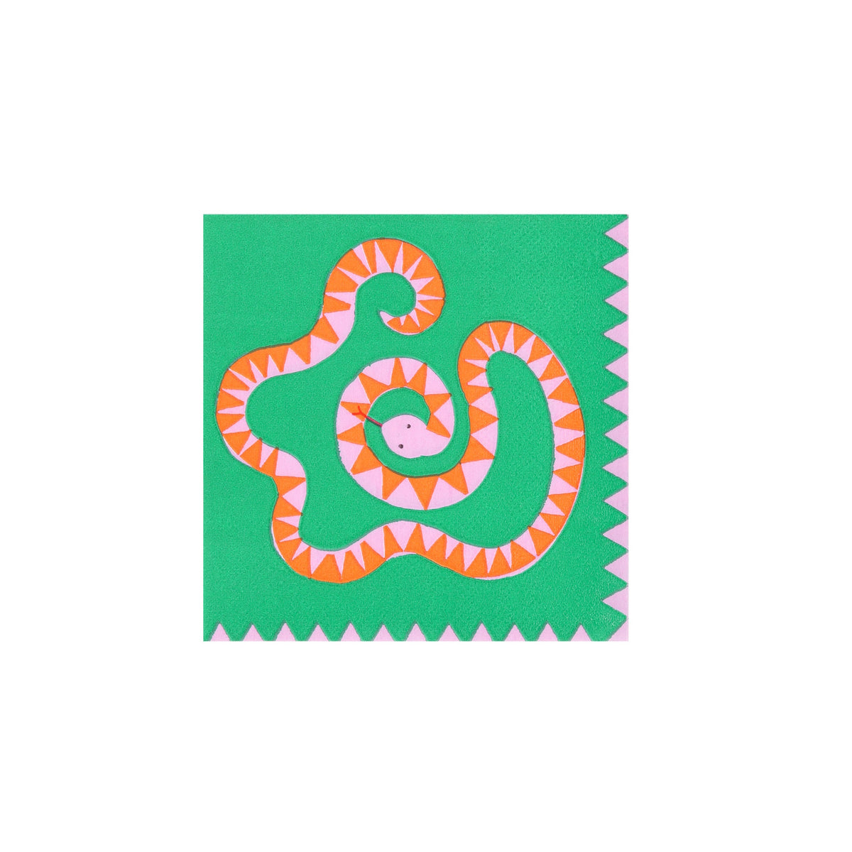 Green paper napkin with a pink and orange coiled snake design and scalloped edges for jungle-themed parties.