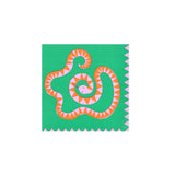 Green paper napkin with a pink and orange coiled snake design and scalloped edges for jungle-themed parties.