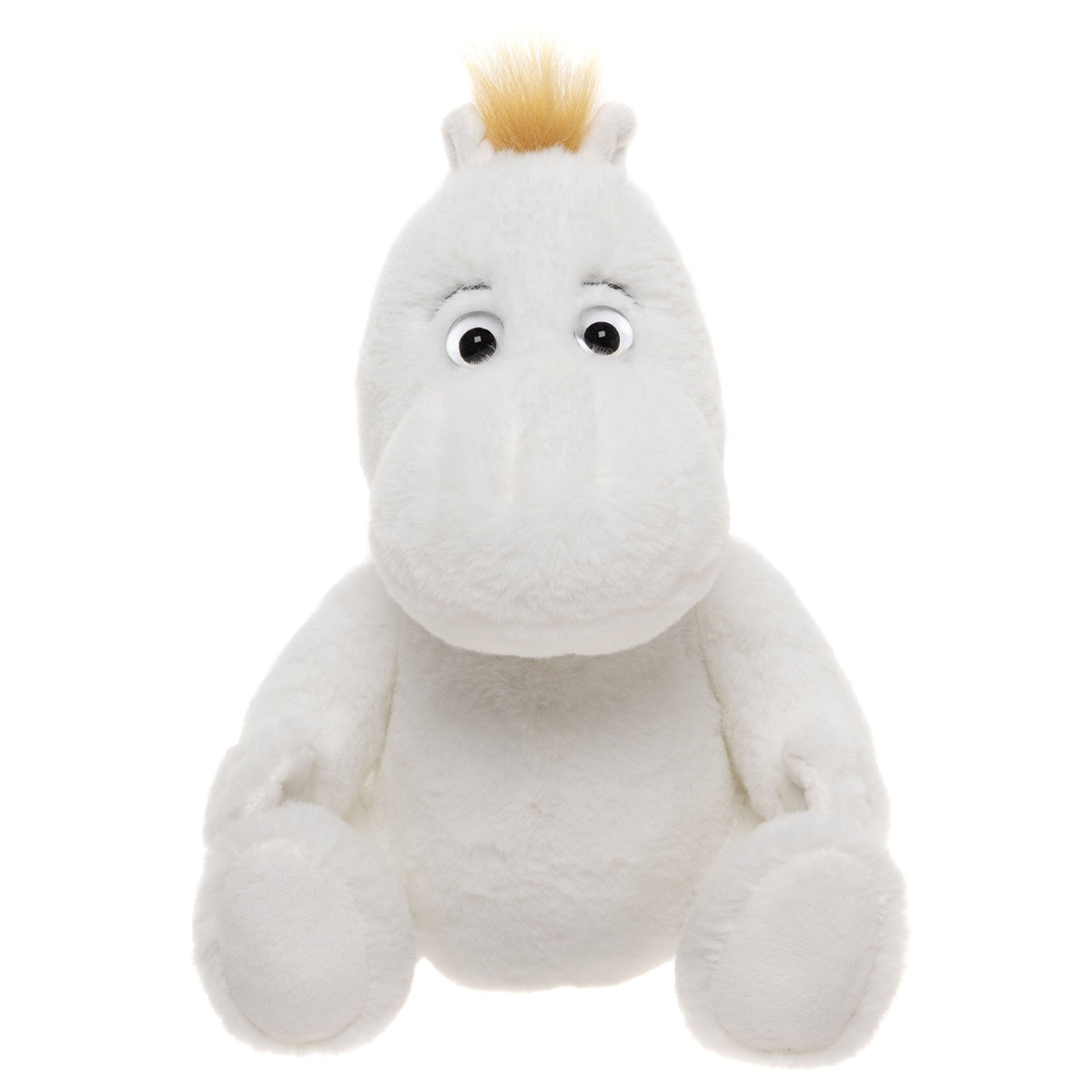 Plush toy resembling a white hippo with round eyes, small ears, and a tuft of blond hair on top. It sits upright, conveying a friendly and cute demeanor.