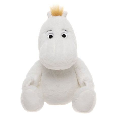 Plush toy resembling a white hippo with round eyes, small ears, and a tuft of blond hair on top. It sits upright, conveying a friendly and cute demeanor.
