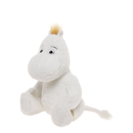 A plush toy with a white body and a small tuft of yellow hair sits against a plain background. The toy has a round snout and a long tail, conveying a playful appearance.