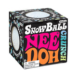 Schylling Snow Ball Crunch NeeDoh stress ball in a black box with colorful pink and orange retro typography.