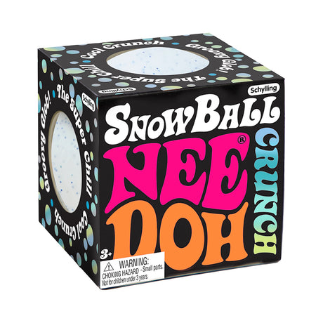 Schylling Snow Ball Crunch NeeDoh stress ball in a black box with colorful pink and orange retro typography.