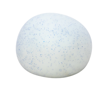 White snowball crunch stress ball with blue glitter specks, isolated on a white background for sensory toy marketing.