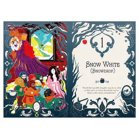 MinaLima illustration of Snow White characters and chapter title page with intricate folk-art borders and a red apple.