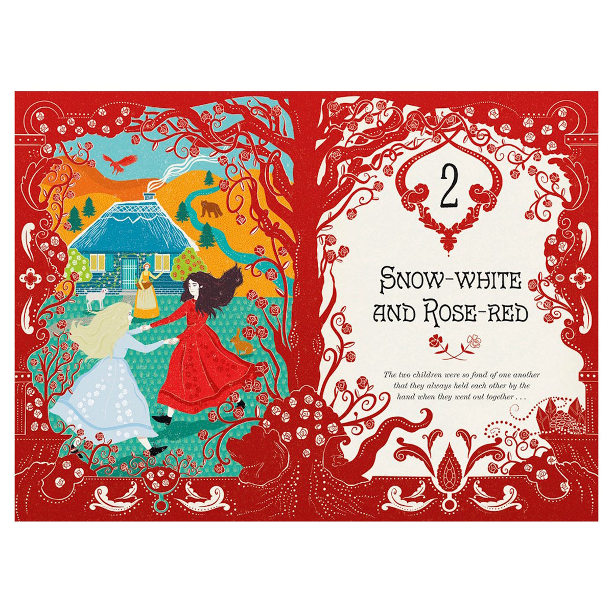 Illustration of Snow-White and Rose-Red dancing in front of a cottage, from a fairy tale book with red floral borders.