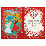 Illustration of Snow-White and Rose-Red dancing in front of a cottage, from a fairy tale book with red floral borders.
