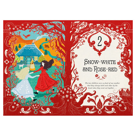 Illustration of Snow-White and Rose-Red dancing in front of a cottage, from a fairy tale book with red floral borders.