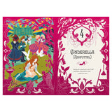 Illustrated book spread for Cinderella (Ashputtel) featuring a magenta border, story characters, and a castle.