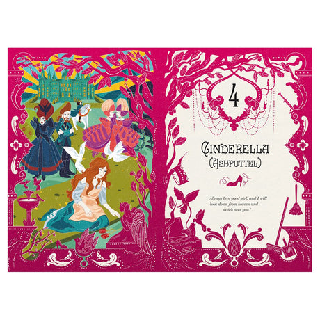 Illustrated book spread for Cinderella (Ashputtel) featuring a magenta border, story characters, and a castle.